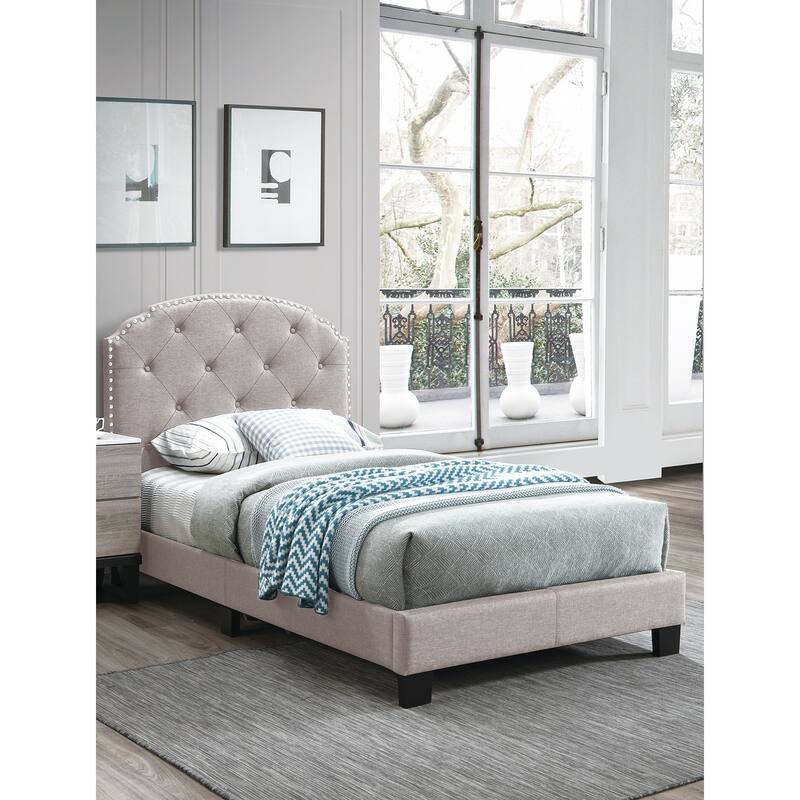 European Style Light Brown Burlap Twin Bed with Tufted Headboard & Middle Legs! - Light Brown