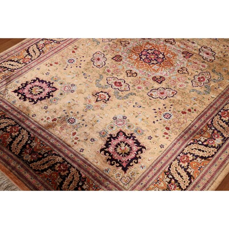 Handmade 100% Silk Geometric Qum Persian Rug Traditional Floral Carpet - 4'7"x 6'8"