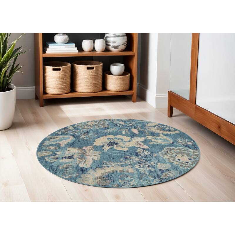 Power Loomed Distressed Geometric Floral Traditional Stain Resistant Area Rug - 63' X '63' X '0.5 - 63' X '63' X '0.5 - Oxford Blue - Round