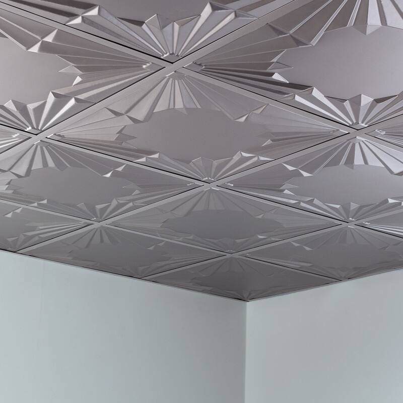 Fasade Art Deco Decorative Vinyl 2ft x 2ft Lay In Ceiling Tile in Argent Silver (5 Pack)