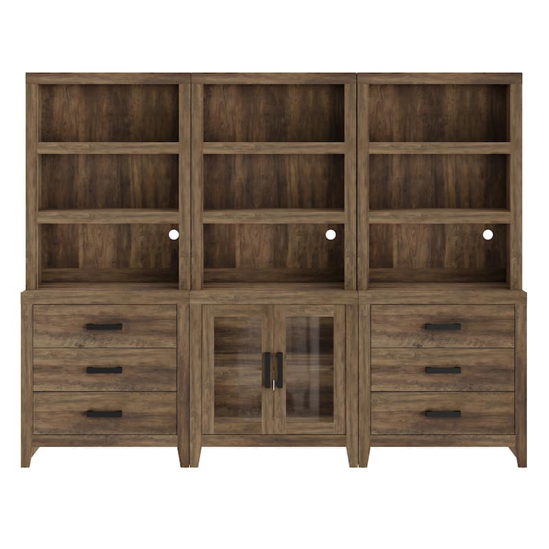 WAMPAT 74" Tall Bookshelf with Glass Doors and Drawers, 3-Tier Farmhouse Storage Cabinet