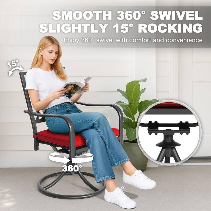 Metal Patio Dining Set with Umbrella Hole, Swivel Chairs with Cushions