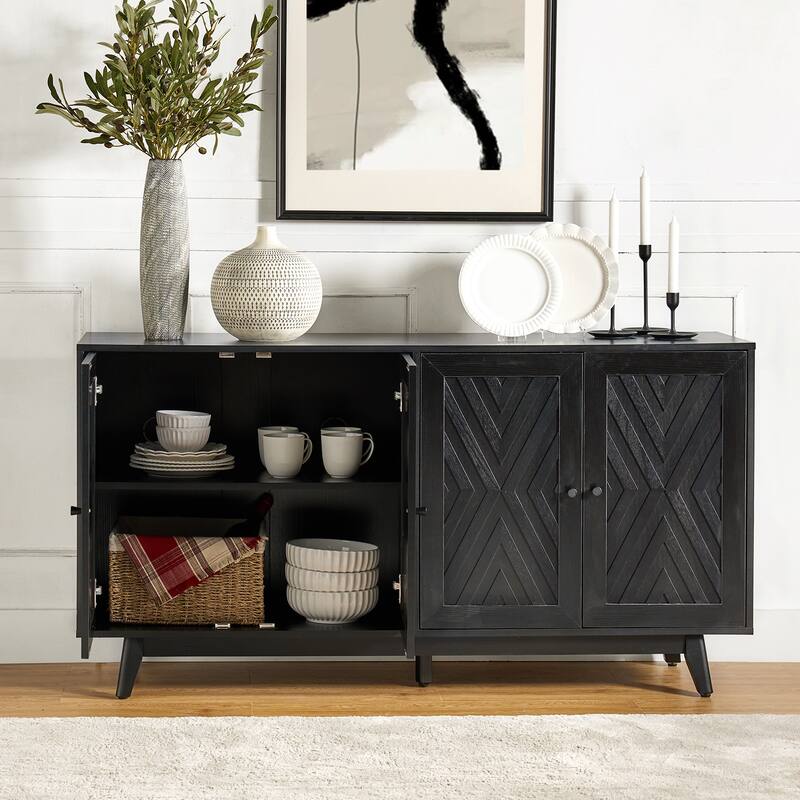 Tobias 57"Wide Mid-century Chevron-patterned Sideboard with Adjustable Shelves by HULALA HOME