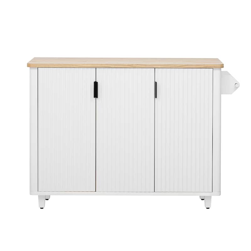 Anmytek 51" Fluted Rolling Kitchen Island with Drop Leaf & Storage, White Ash Farmhouse Cart with Towel Rack