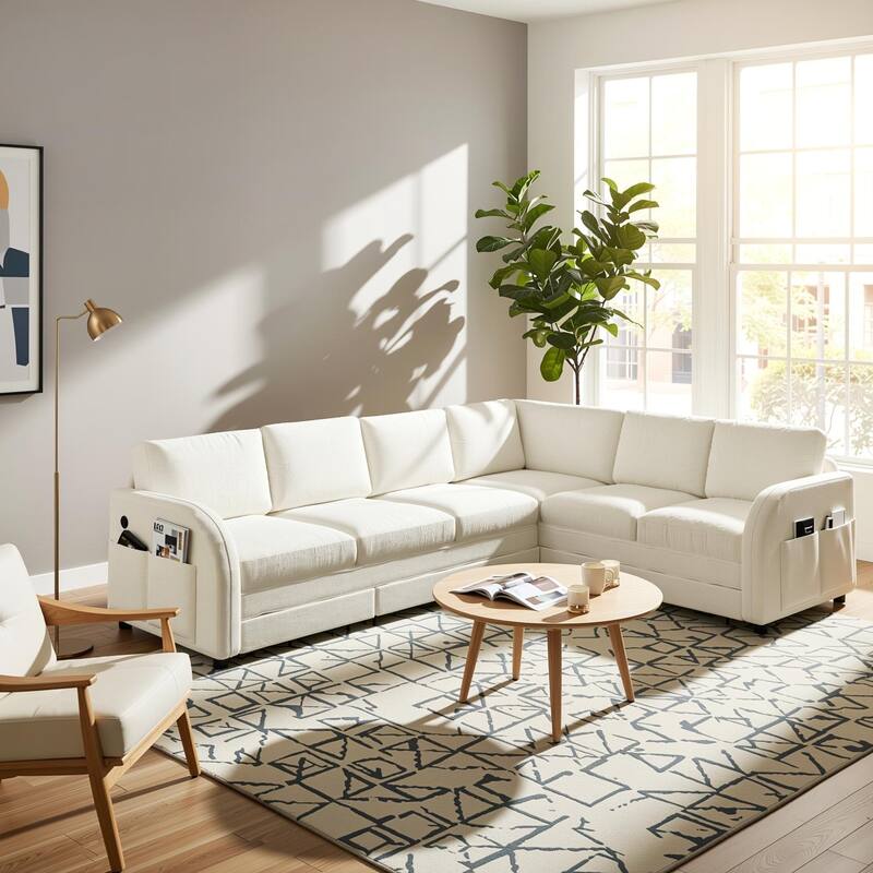 Homy Casa 85"/115" L-Shaped Sectional Sofa Bed USB & Side Pocket, Teddy Fabric Pull-Out Sleeper, Reversible Chaise, Multi Colors