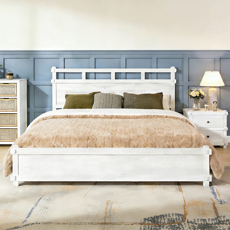 Christopher Knight Home - Farmhouse Platform Bed Frame with 2-Tier Headboard & Solid Wood Slat Support, No Box Spring Required