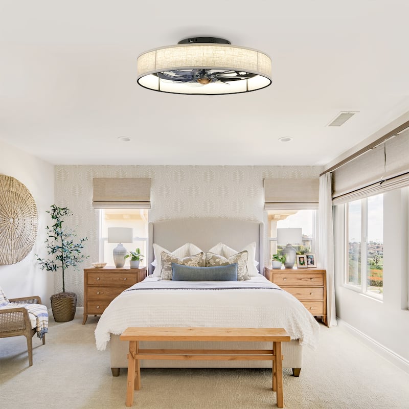 Cusp Barn 20" Farmhouse Flush Mount Ceiling Fan with Light, Quiet DC Motor Fabric Shade Fandelier Ceiling Fan For Living Room