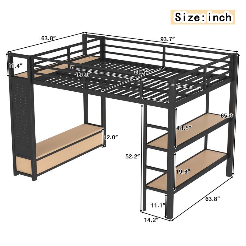 Metal Bed Frame Queen Size Loft Bed with Open Wardrobe, Hanging Rod, Storage Shelves, Pegboard and Bottom Drawers