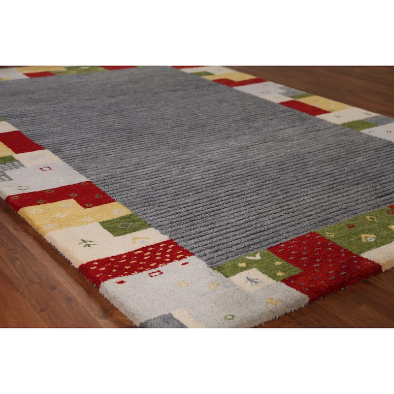Striped Geometric Gabbeh Indian Area Rug Hand-Tufted Wool Carpet - 5'3" x 7'7" - 5'3" x 7'7" - Grey