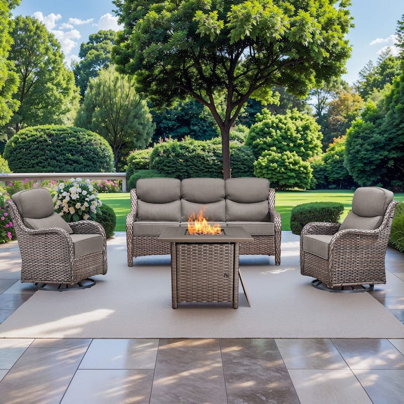 Pocassy 4 Pieces Outdoor 6" Sofa Swivel Chair with Fire Pit Table - Brown Wicker - Gray cushion