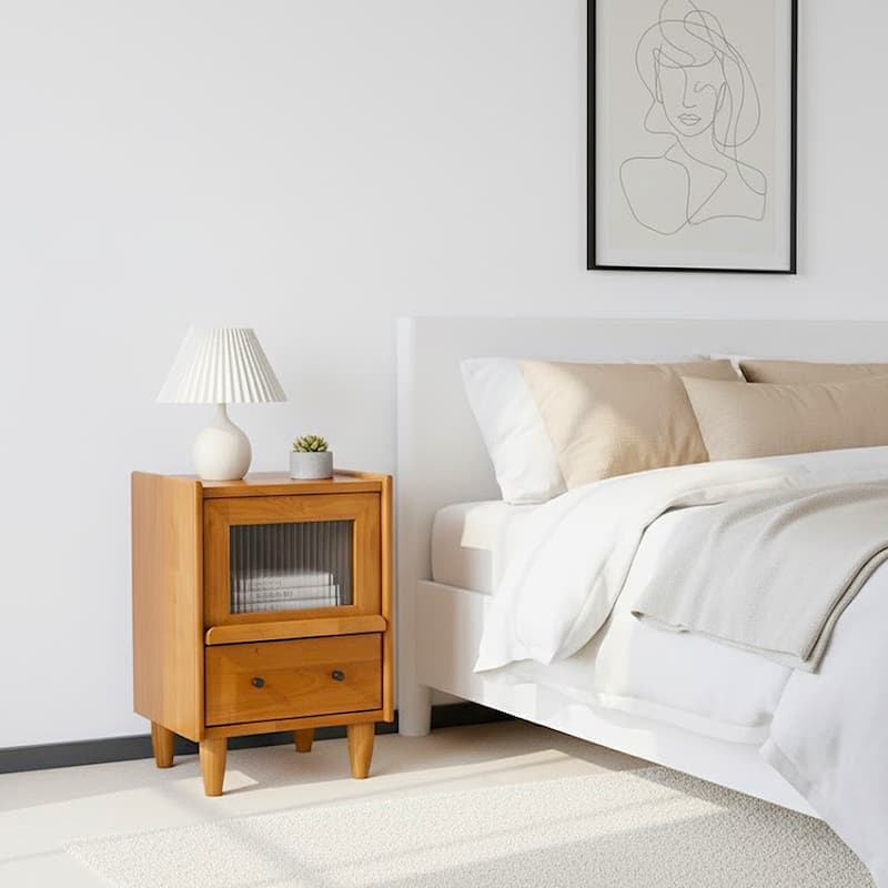 Traditional Vintage Pine Glass Nightstand 2-Drawer For Bedroom