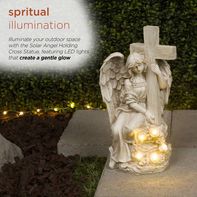 Solar Angel Holding Cross Statue with LED Lights