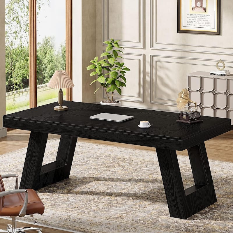 63 Inches Wood Executive Desk, Large Home Office Desk with Double Pedestal