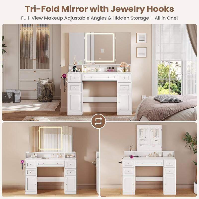 Makeup Vanity Trifold Mirror Charging Station 5 Drawers LED Light Hidden Jewelry Hook