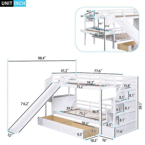 dimension image slide 0 of 2, Twin over Twin Bunk Bed with Storage Staircase, Slide and Drawers, Desk with Drawers and Shelves