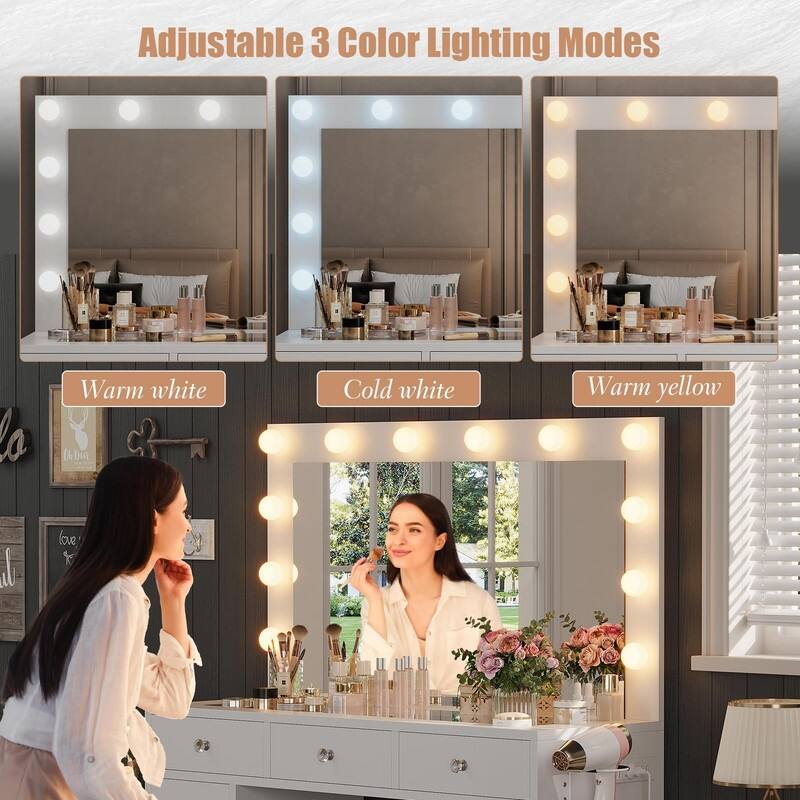 White Vanity with LED Mirror, 11 Drawers, Glass Top & Charging Station
