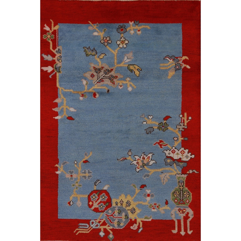 Hand Knotted Oriental 100% Wool Carpet Traditional Floral Navy Blue & Blues Art Deco Area Rug - 5' 10'' X 3' 11''