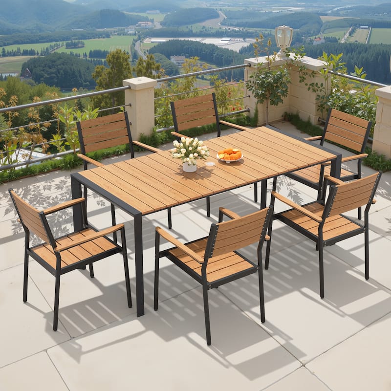 7-Piece Outdoor Patio Dining Set Rectangle Dining Table with Umbrella Hole and Stackable Chairs - Brown