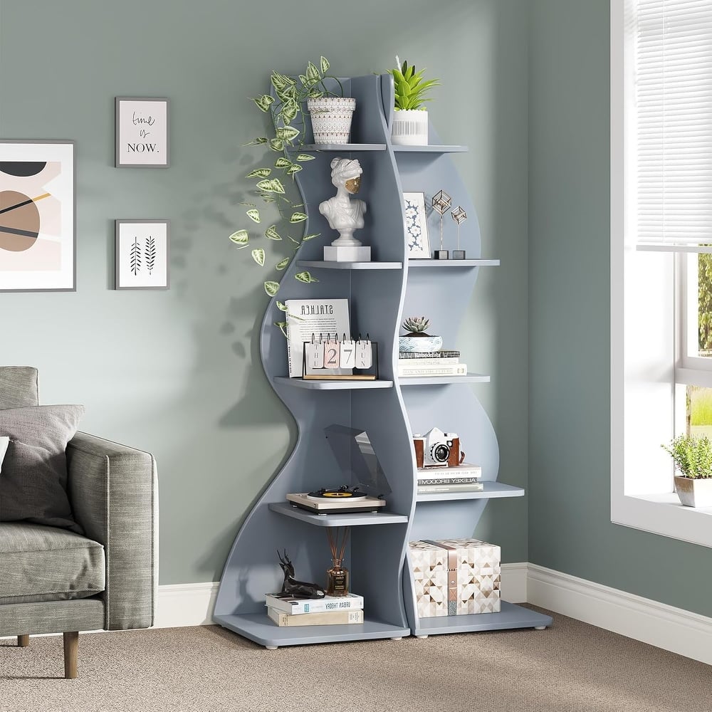 Modern Wood Corner Shelf, 5-Tier Bookshelf Bookcase for Living Room