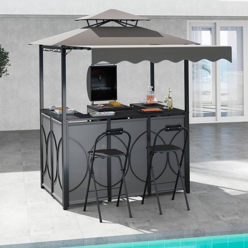 Gymax 3-Piece Outdoor BBQ Canopy w/ Bar Table & 2 Foldable Bar Chairs - Grey