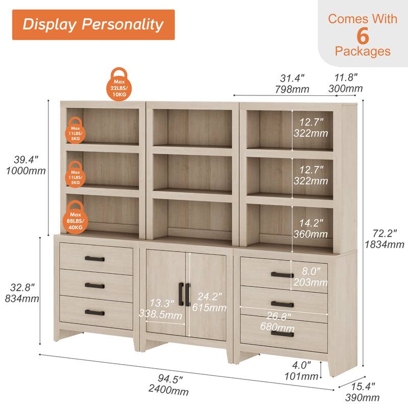 WAMPAT 74" 3-Piece Tall Bookshelf, Farmhouse Bookcase with Doors & Drawers for Living Room & Office