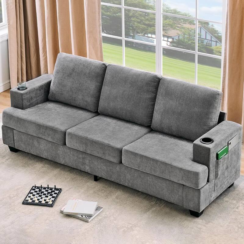 89" 3-Seater Sofa, Deep Seat Sofa, Modern Comfy Couches for Living Room with Cup Holders - Grey