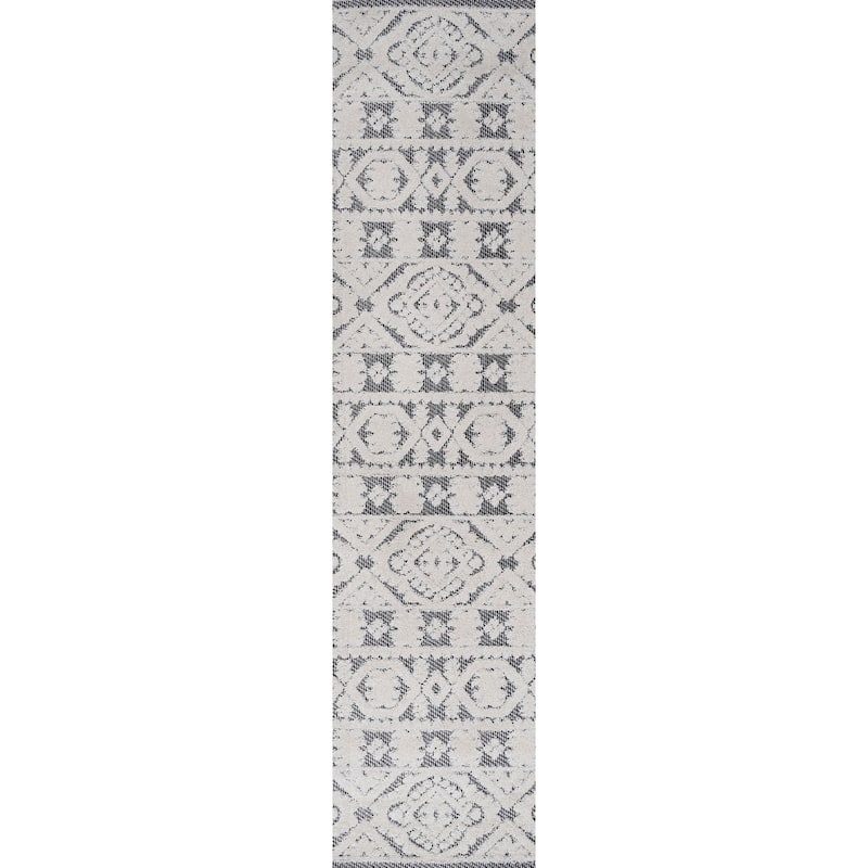 JONATHAN Y Jordan High-Low Pile Mediterranean Tile Indoor/Outdoor Area Rug - 2 X 8 - White/Black