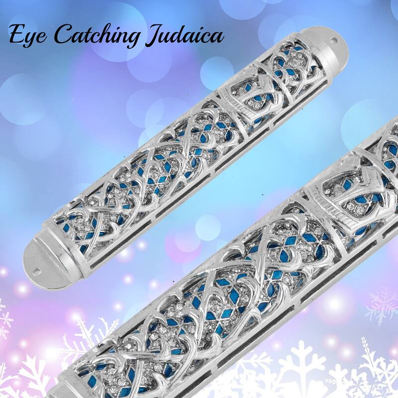 Matashi Hand Painted Enamel 7'' Mezuzah Embellished with Hebrew Shin & Crystals Home Door Wall Decor Housewarming Present Gift