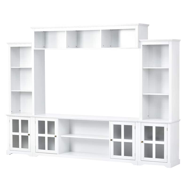 White Entertainment Wall Unit with Bridge, Tempered Glass Doors for TVs Up to 70"