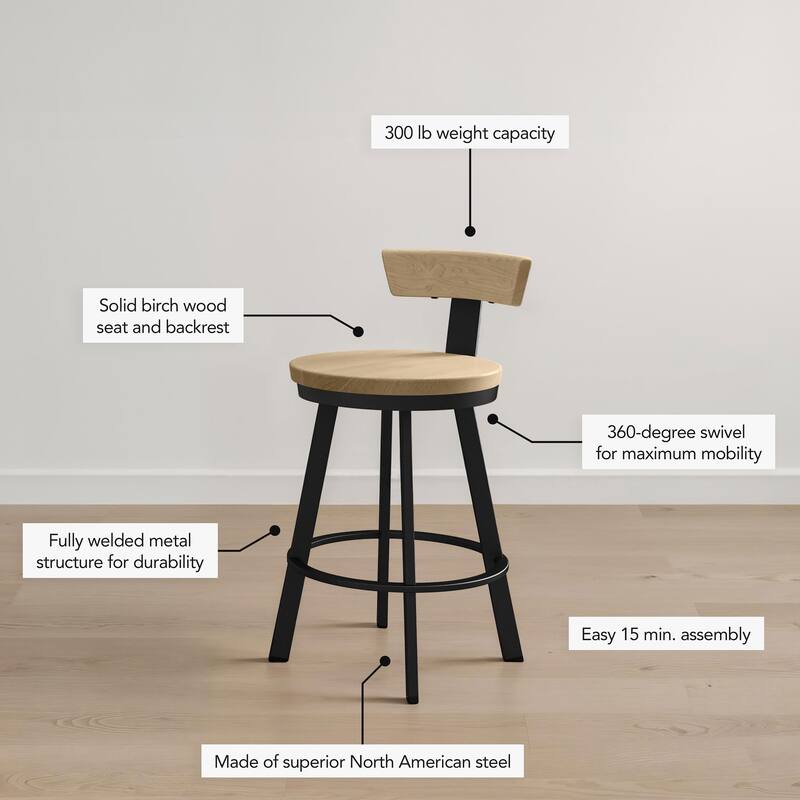 Amisco Astrid 26 in. Swivel Counter Stool with Solid Wood Seat and Backrest