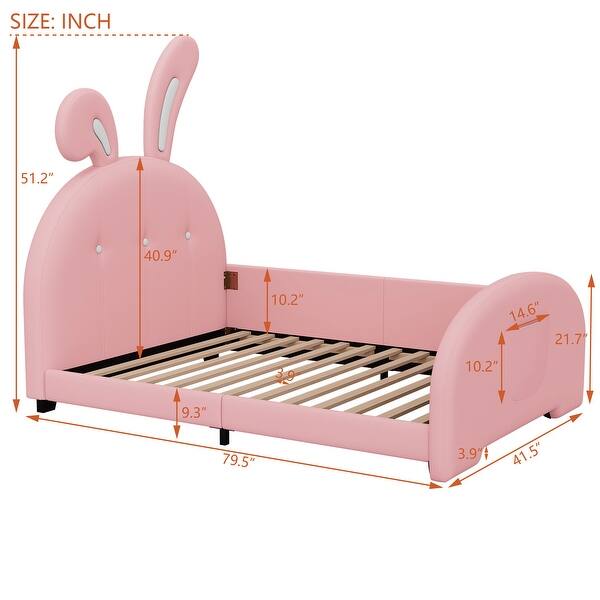dimension image slide 1 of 2, Twin Size Upholstered Platform Princess Bed Frame with Rabbit-Shape Headboard and Footboard Pocket for Bedroom