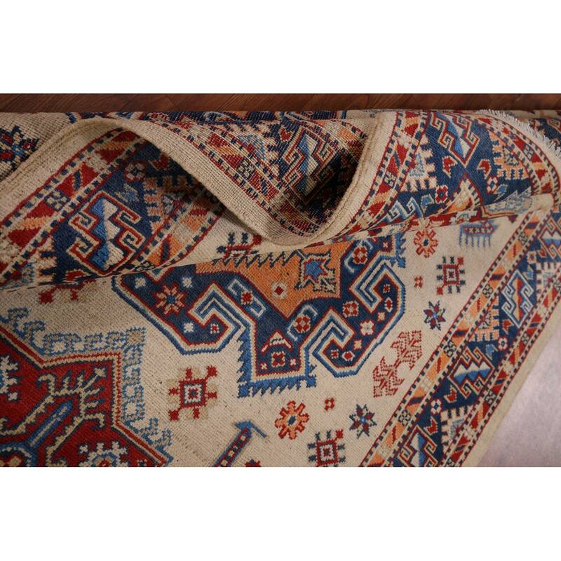 Geometric Beige / Ivory Kazak Accent Rug Hand-Knotted Wool Carpet - 4'0" x 6'1"