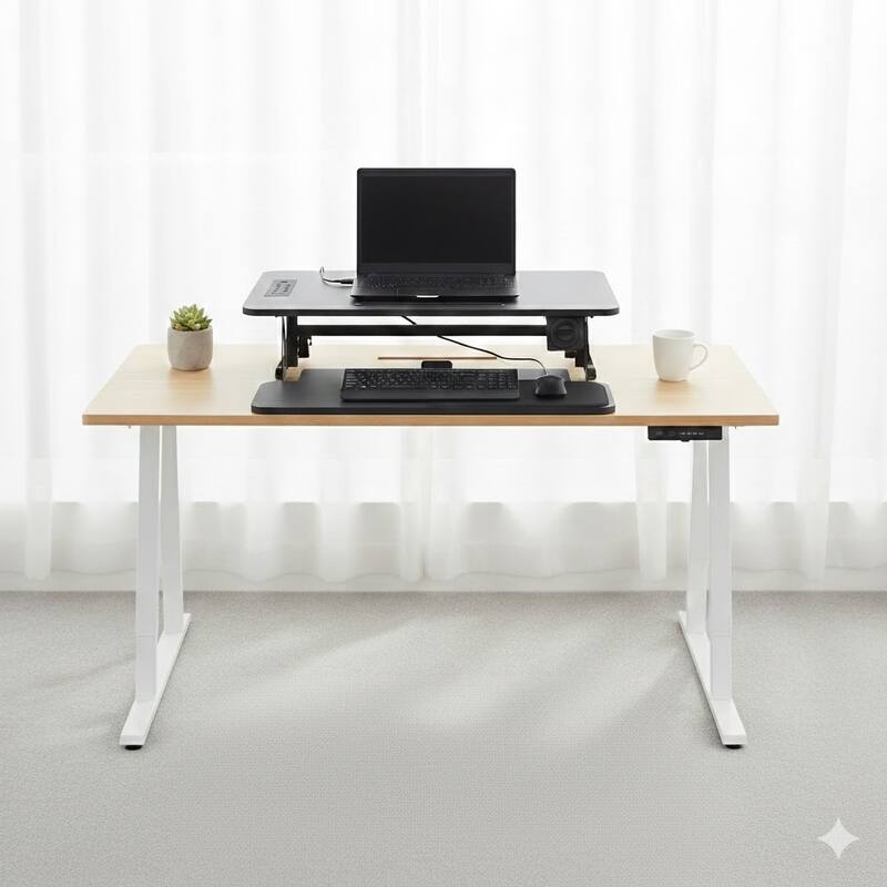 Rocelco 37.4 in. W Black Electric Standing Desk Converter with Anti Fatigue Floor Mat, AC USB Charger and Tray Platform