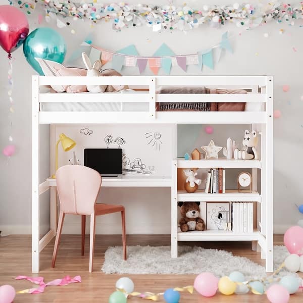 slide 2 of 29, Twin Size Wooden Loft Bed with Shelves, Desk and Writing Board White