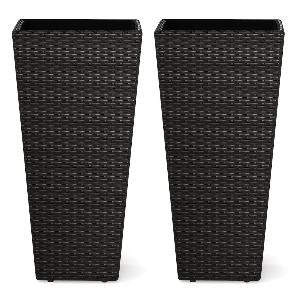 Mix Brown PE Rattan Metal Tall Planter Set of 2 with Drainage and Liner for Patio - 15" x 15" x 30" (L x W x H)
