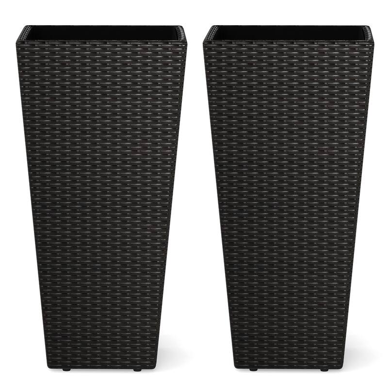 Mix Brown PE Rattan Metal Tall Planter Set of 2 with Drainage and Liner for Patio - 15" x 15" x 30" (L x W x H) - Mix Brown