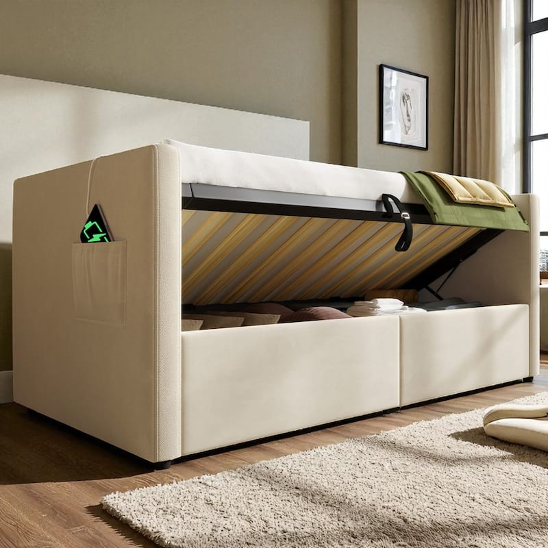 Upholstered Twin Daybed with Hydraulic Storage, USB & Type-C Charging, Velvet Frame with Wooden Slats