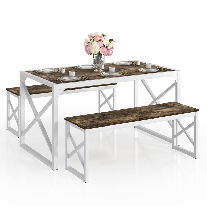 55" Dining Table with Benches Kitchen Table set for 4 Rectangular Dining Room Table Set with 2 Metal Wood Benches