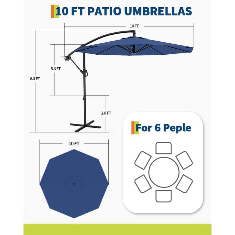 10FT Offset Umbrella with Cross Base, Fade Resistant Canopy Large Patio Umbrella with 360-degree