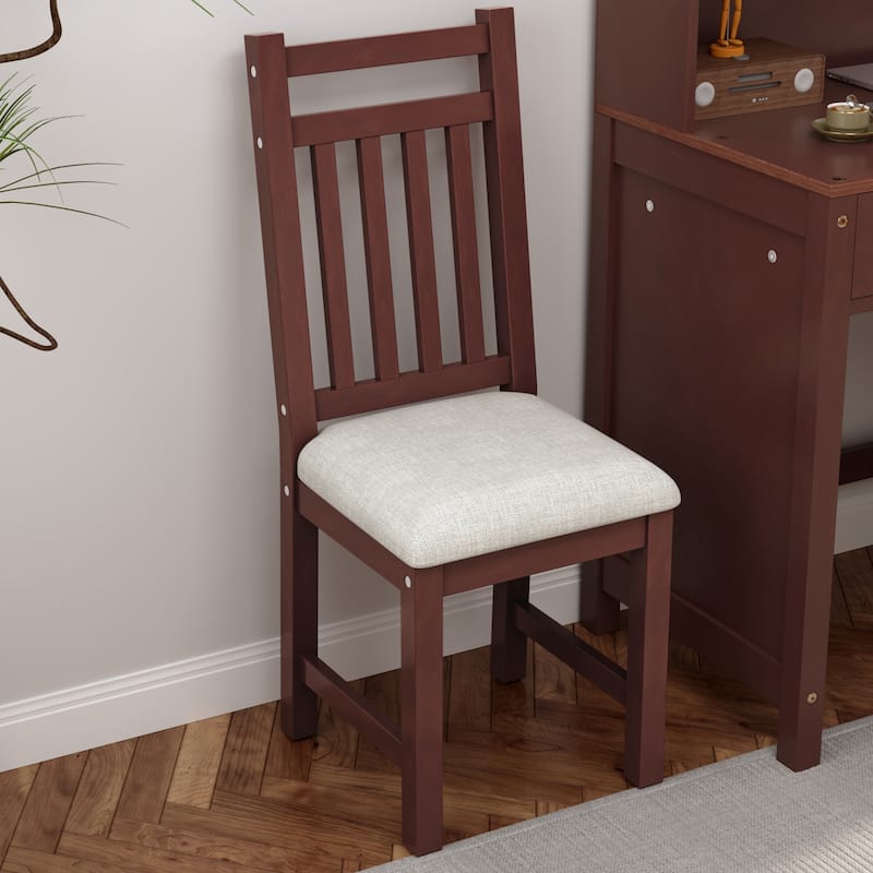 Vintage Student Desks and Upholstered Chair Set with Bookshelf
