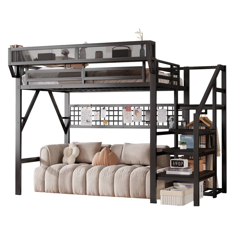Full / Queen Metal Loft Bed with Stairs Light Storage Wardrobe for Kids Teens Adults