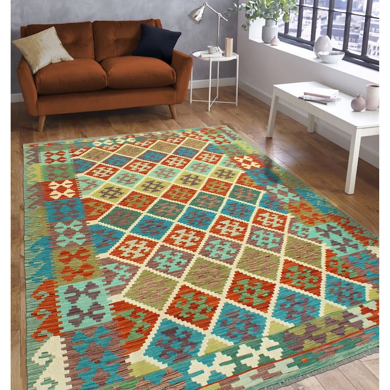 Flatweave Qadeer Red/Turquoise Rug - 5'7" x 7'10"