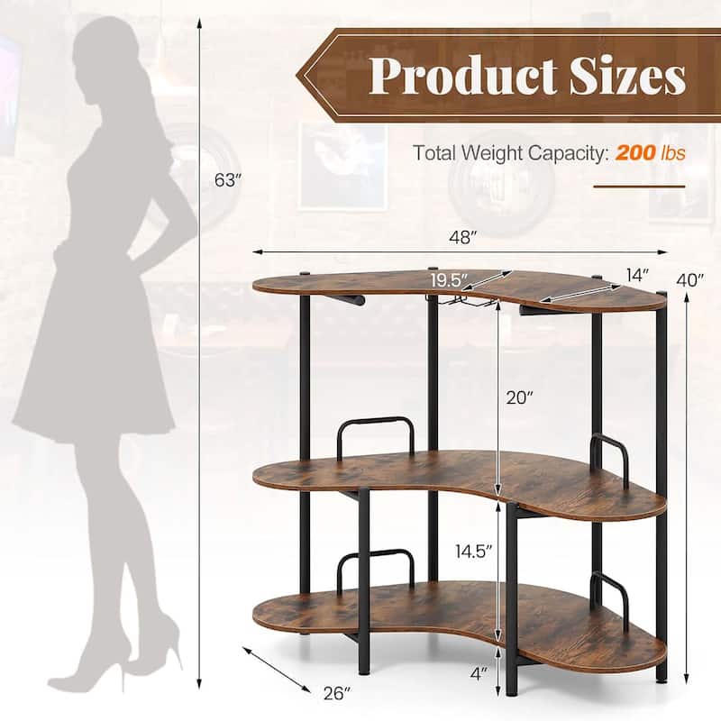 3 Tier Corner Bar Table Wine Bakers Rack w/ Wine Glasses Holder
