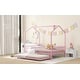 preview thumbnail 6 of 10, Full Size Metal House-Shaped Kids Bed Frame with Trundle and Fence, Sky Roof, Pink