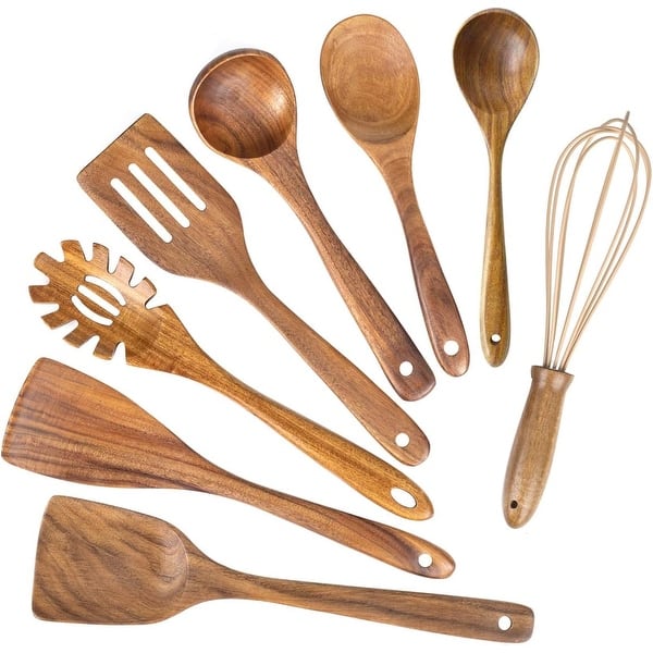 Set of 8 Natural Teak Wood Kitchen Utensil
