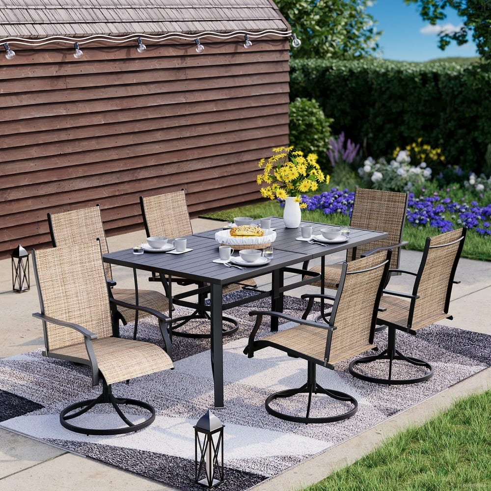 Patio Dining Set with Textilene Chairs / Swivel Rockers, Table w Adjustable Umbrella Hole