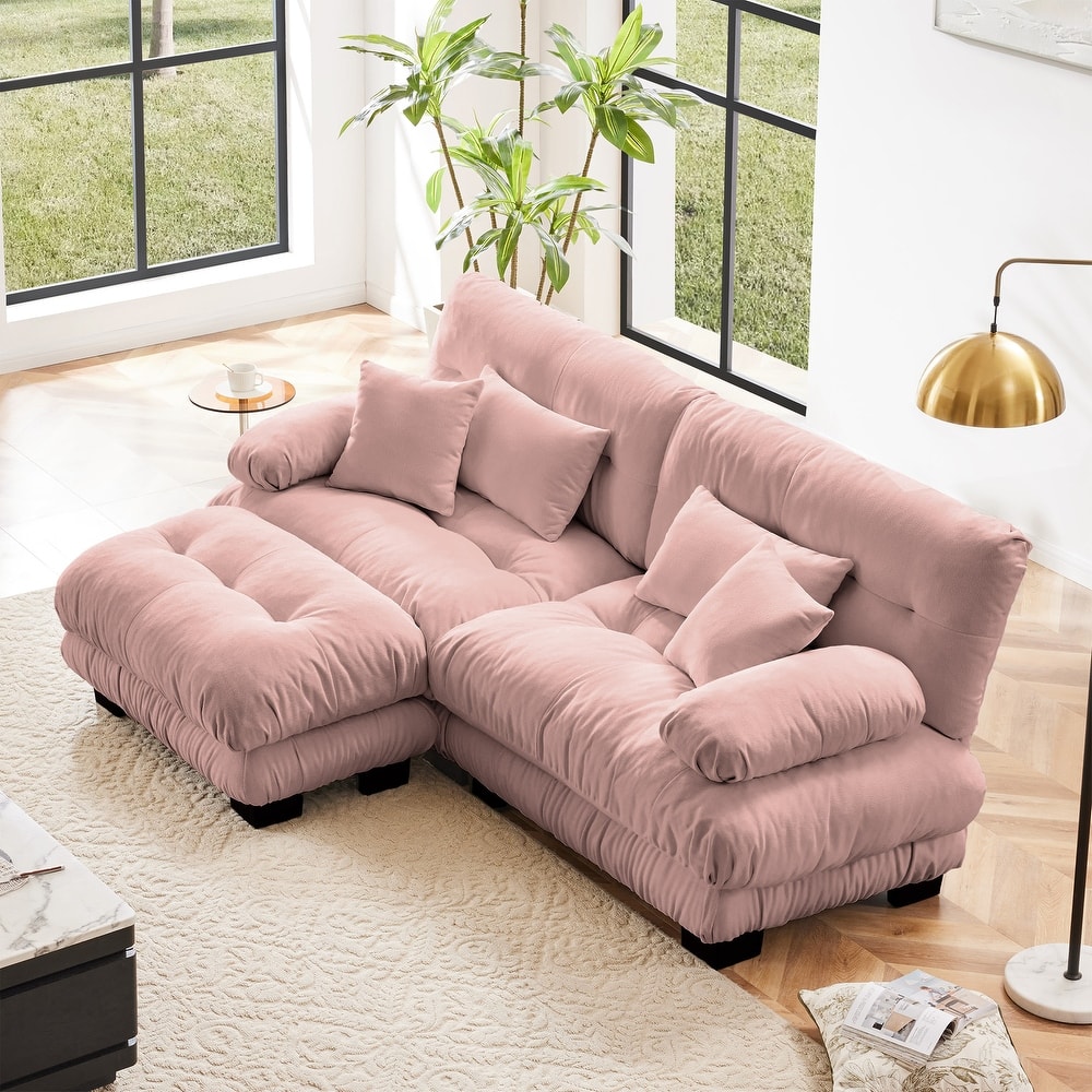 Chenille 2 Seater Sectional Sofa with 2 Lumbar Pillows, Modern Upholstered Loveseat Couch with Movable Ottoman for Living Room
