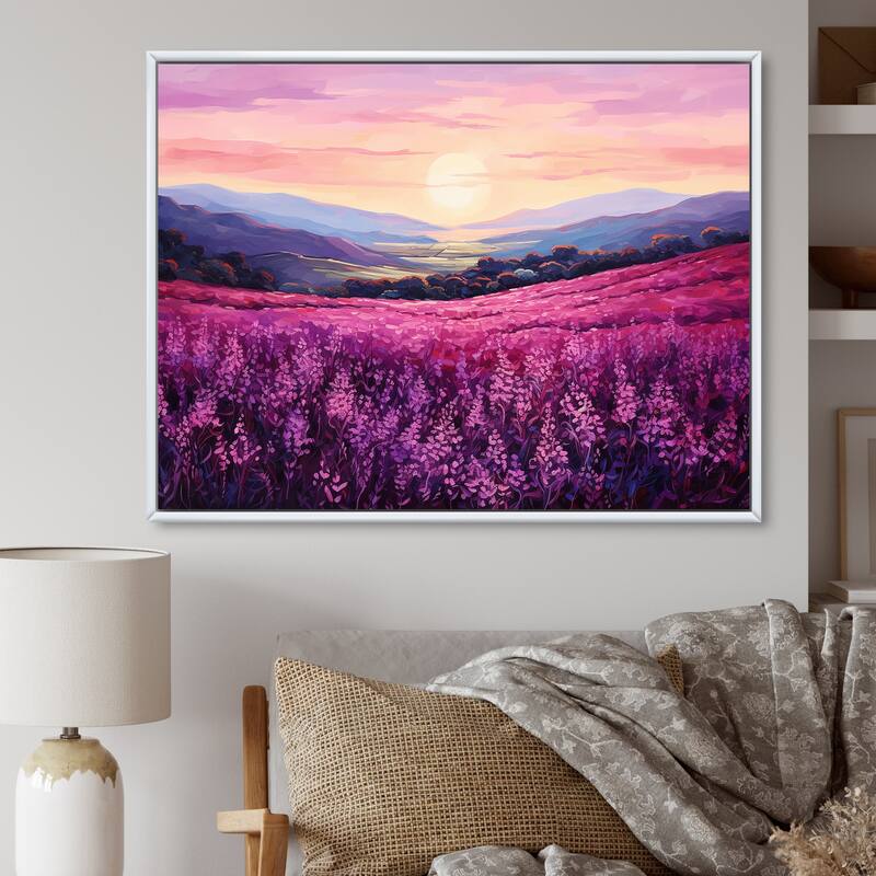 Designart "Bloomed Flower Horizons At Sunset I" Flower Framed Wall Art Prints - 20 in. wide x 12 in. high - White