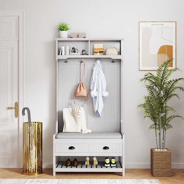 3-in-1 Hallway Hall Tree with 2 Storage Drawer and 4 Coat Rack,Shoe Rack Bench with Padded Seat Cushion,with Top Storage Shelf