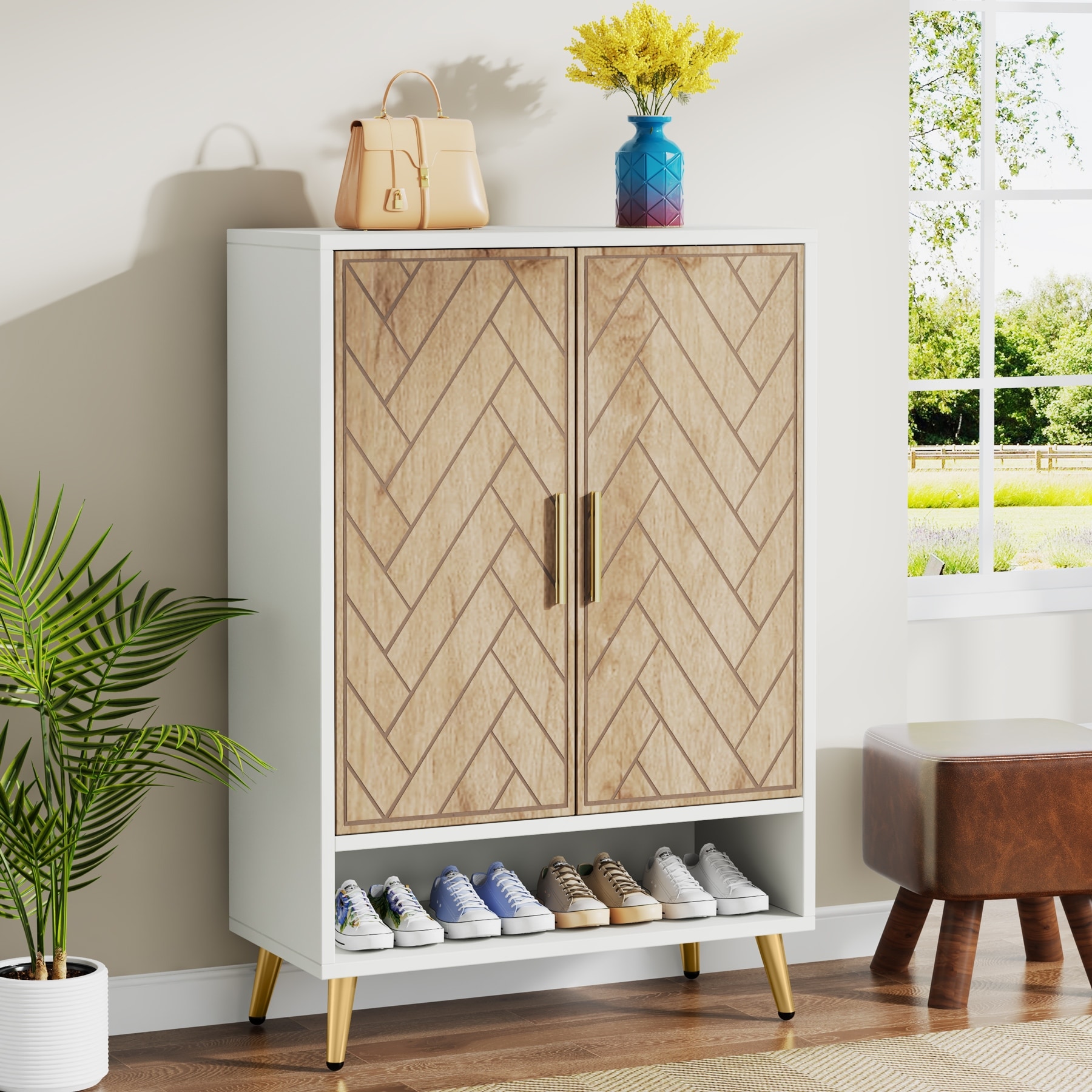Walnut Shoe Cabinet, 6-Tier Wooden Shoe Organizer with Stable Leg